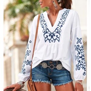 Boden - White Linen Tunic with Navy Embroidered Trim. Size 6